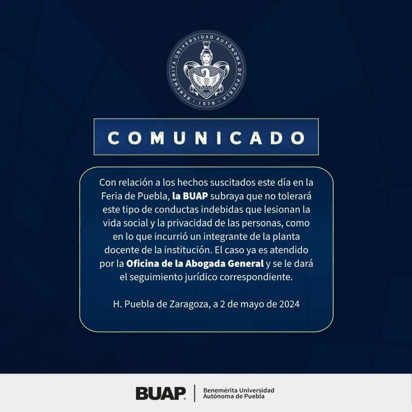 BUAP condena actos de acoso de docente en la Feria de Puebla