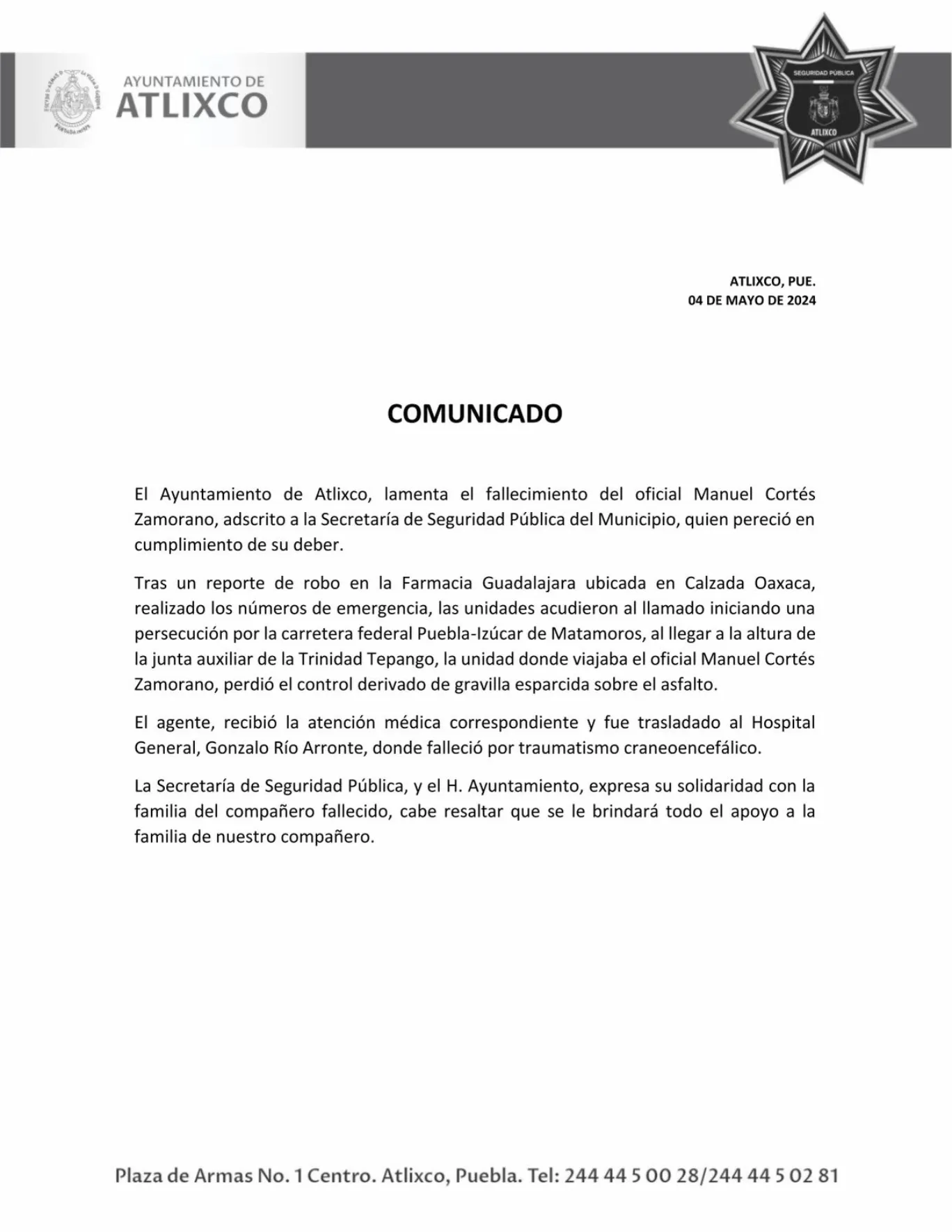 En persecución policía de Atlixco fallece tras volcar su patrulla.