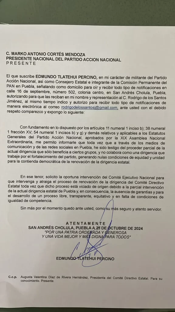 Edmundo Tlatehui pide a Marko Cortés intervenir en renovación del PAN Puebla