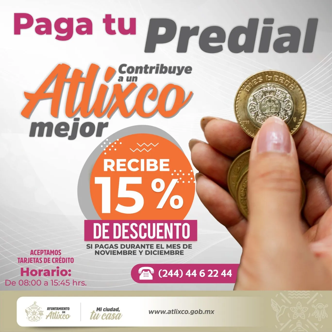¡Córrele! Últimos días para tener 15% de descuento en tu pago predial en Atlixco