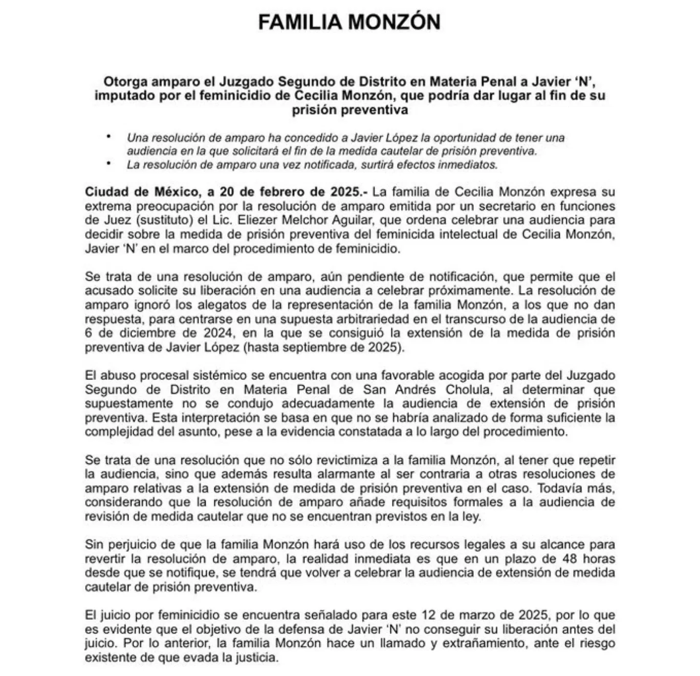 Juez otorga amparo para revisar la prisión preventiva de Javier "N", acusado del feminicidio de Cecilia Monzón