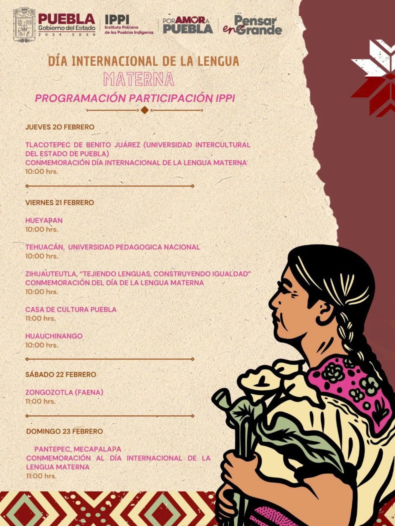 Puebla: Conmemora el Día Internacional de la Lengua Materna con actividades en distintas comunidades del 20 al 23 de febrero
