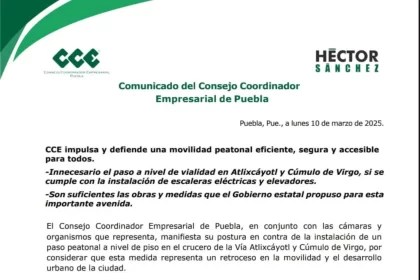 CCE: Se posiciona en contra de la instalación de un paso peatonal en la Vía Atlixcáyotl 