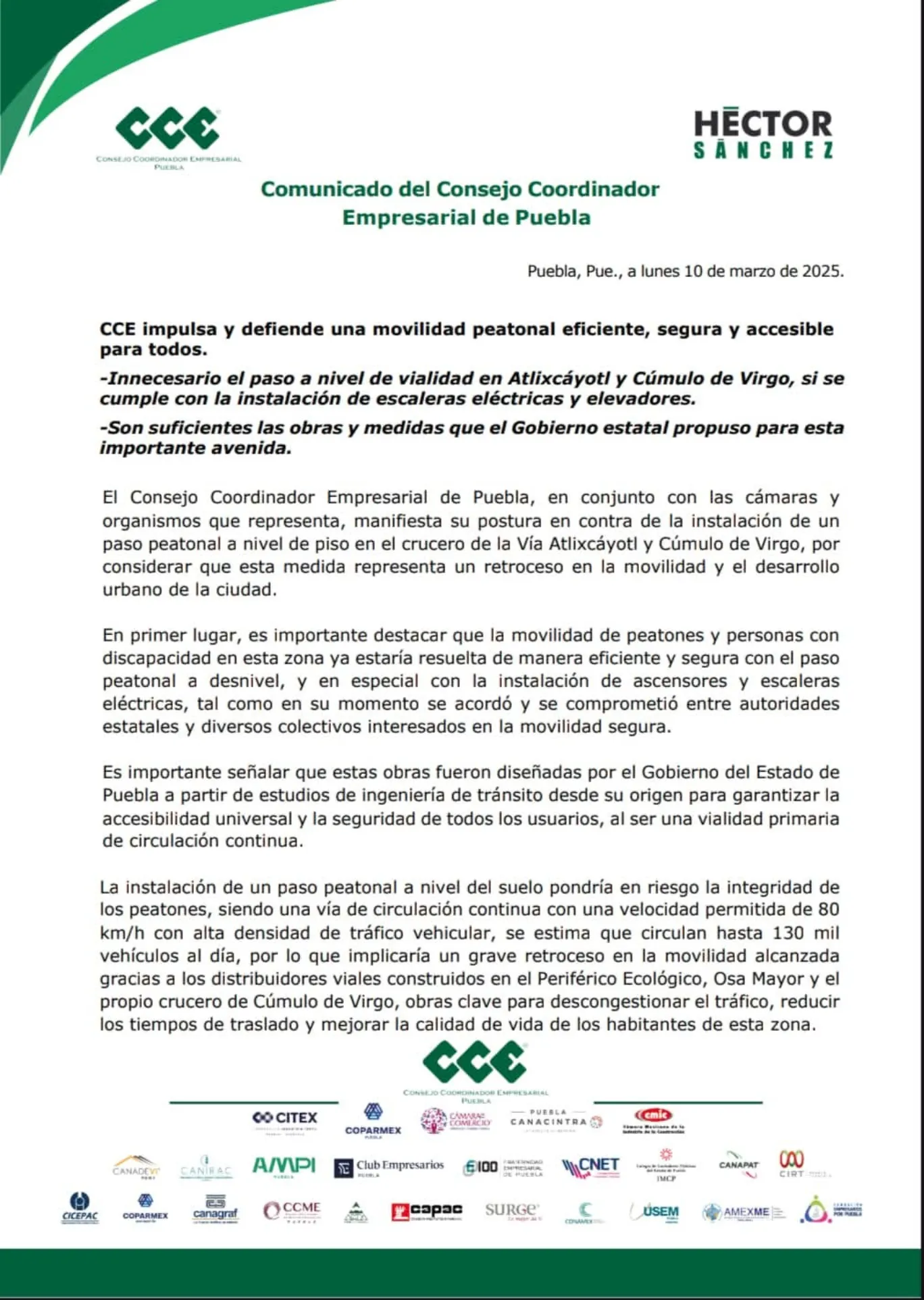 CCE: Se posiciona en contra de la instalación de un paso peatonal en la Vía Atlixcáyotl 