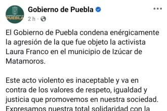Gobierno de Puebla condena la agresión contra la activista Laura Franco en Izúcar De Matamoros, donde un sujeto la golpeó hasta dejarla inconsciente