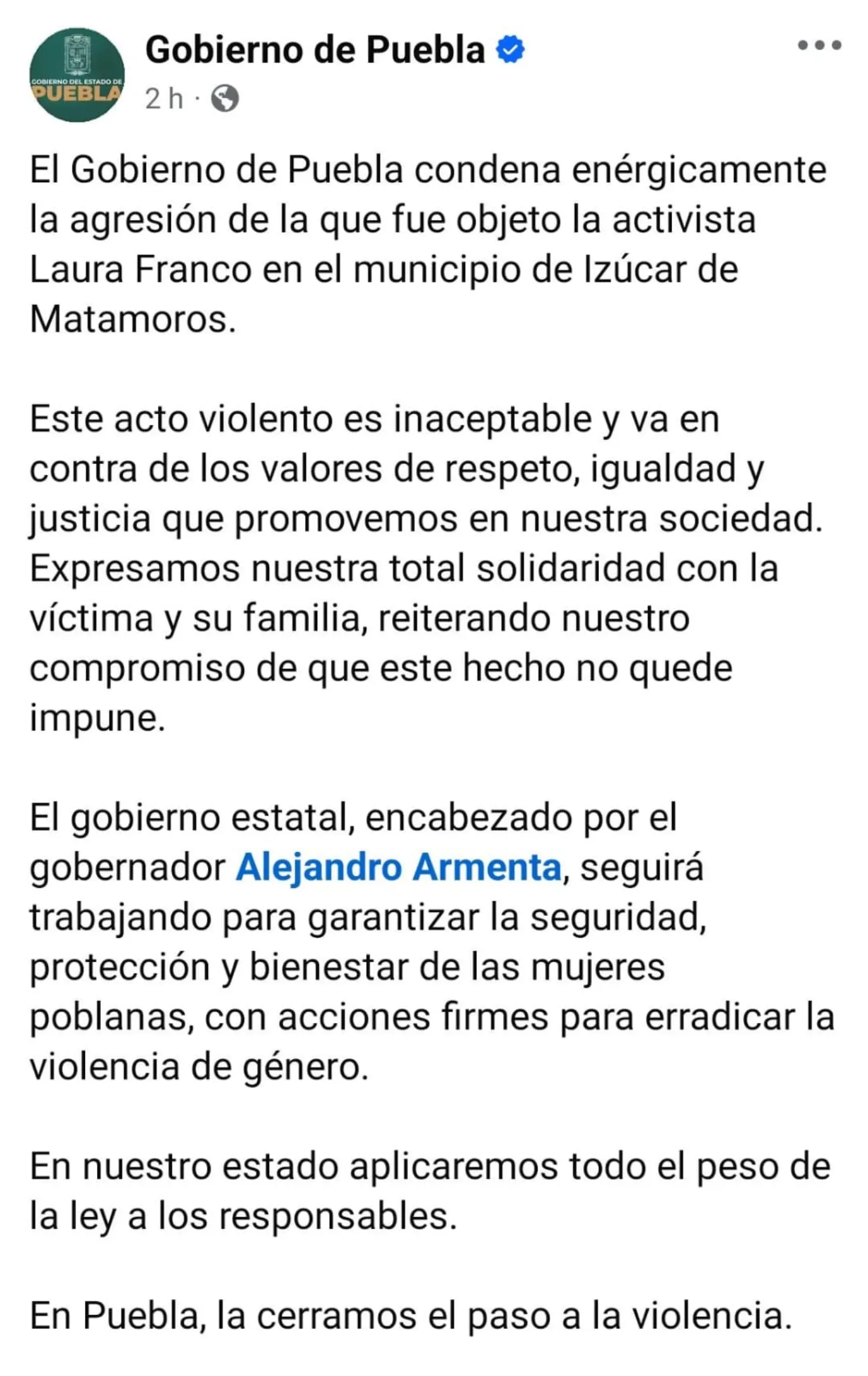 Gobierno de Puebla condena la agresión contra la activista Laura Franco en Izúcar De Matamoros, donde un sujeto la golpeó hasta dejarla inconsciente