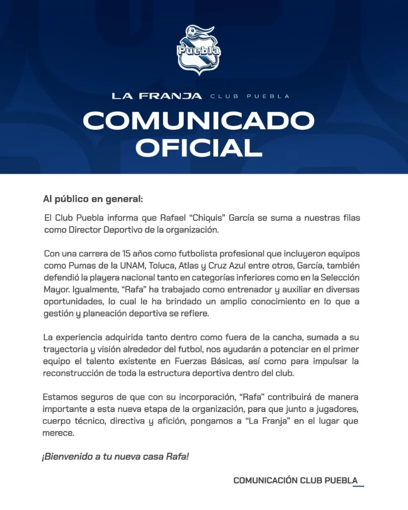 Nuevo capítulo para el Puebla: “Chiquis” García vuelve como Director Deportivo
