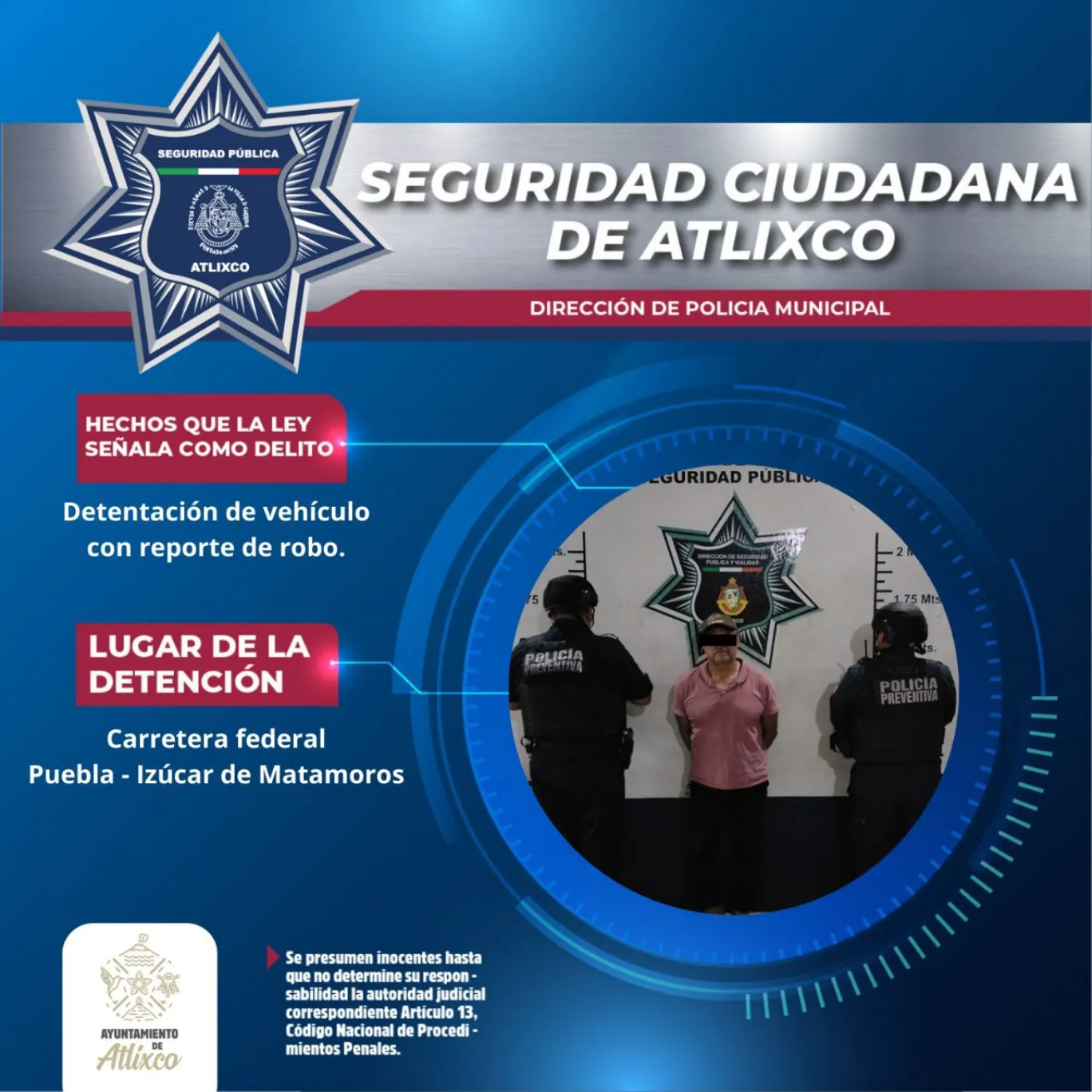 La Secretaría de Seguridad Ciudadana recupera vehículo con reporte de robo en Atlixco