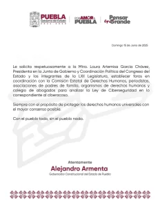 Armenta pide al Congreso realizar foros para promover la Ley de Ciberseguridad