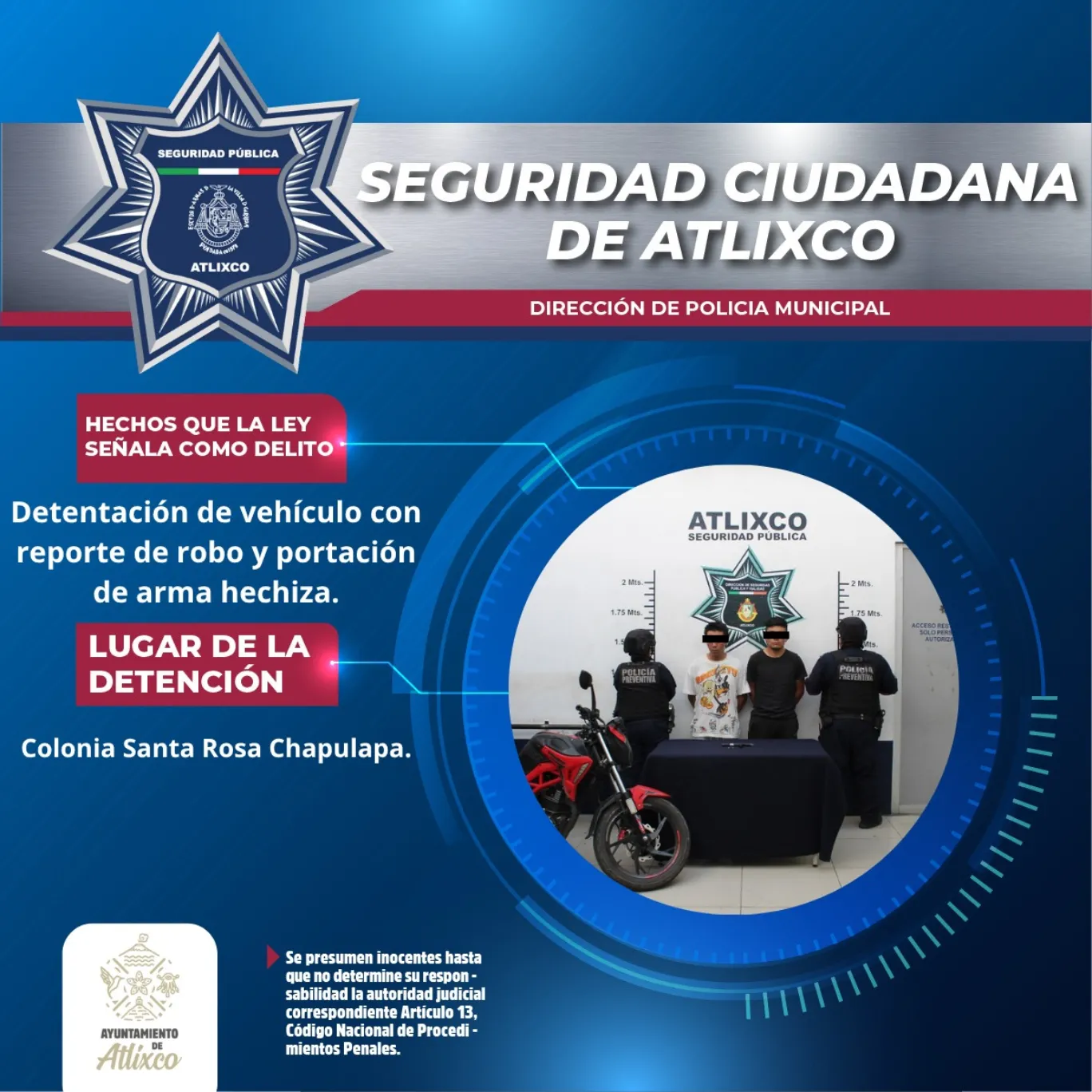 Policía de Atlixco recupera motocicleta robada y detiene a dos hombres armados