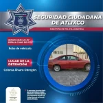 Rápida respuesta de la policía de Atlixco permite recuperar vehículo robado