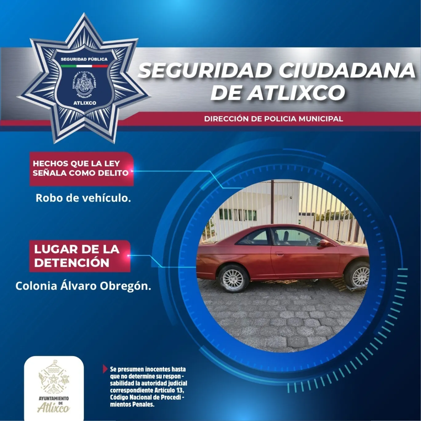 Rápida respuesta de la policía de Atlixco permite recuperar vehículo robado