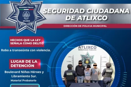 Secretaría de Seguridad Ciudadana de Atlixco detiene a tres hombres tras intento de asalto