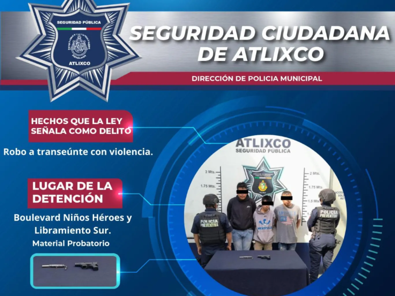 Secretaría de Seguridad Ciudadana de Atlixco detiene a tres hombres tras intento de asalto