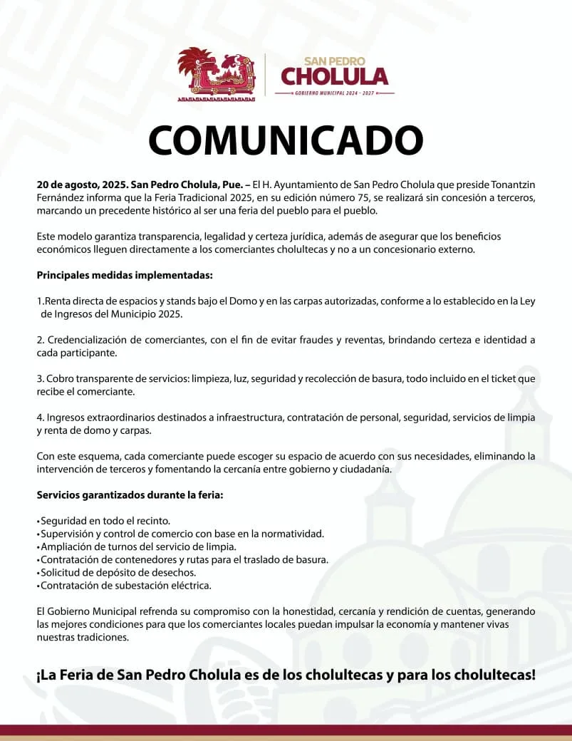 El H. Ayuntamiento de San Pedro Cholula que preside Tonantzin Fernández informa