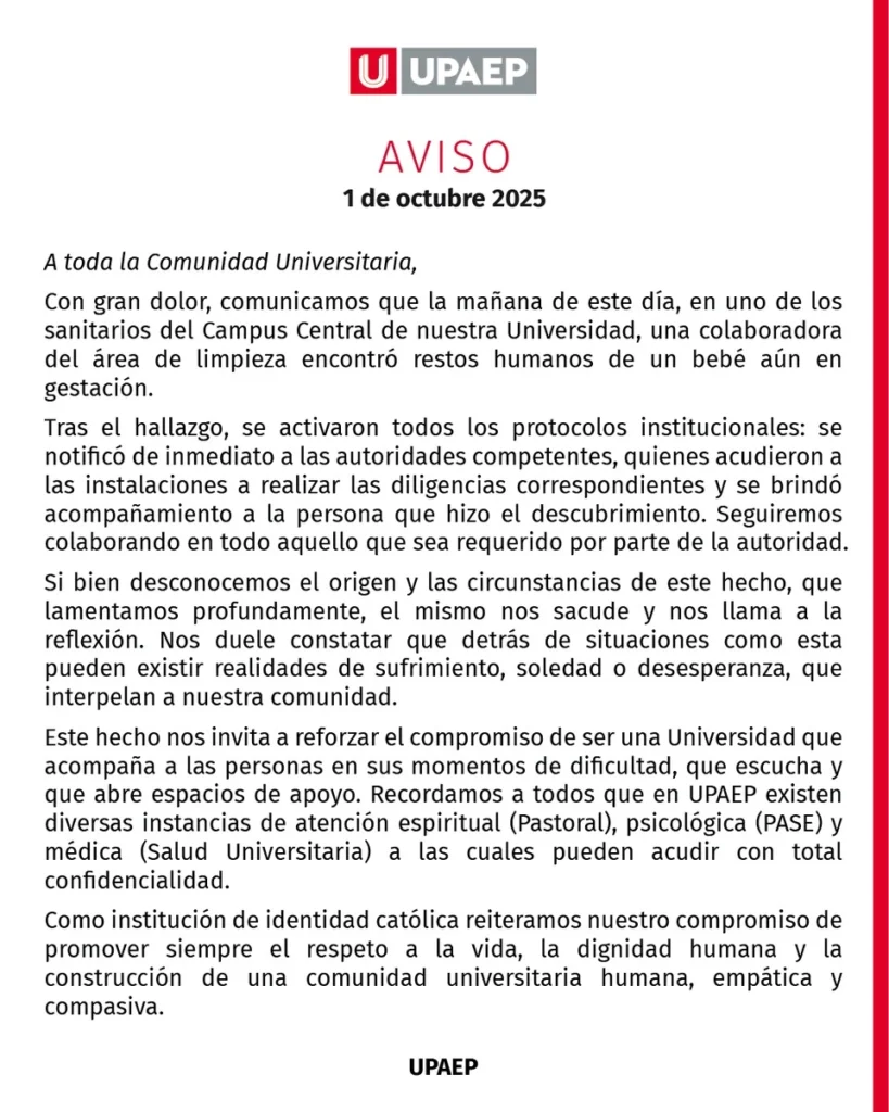 Encuentran un feto en los baños de la Upaep