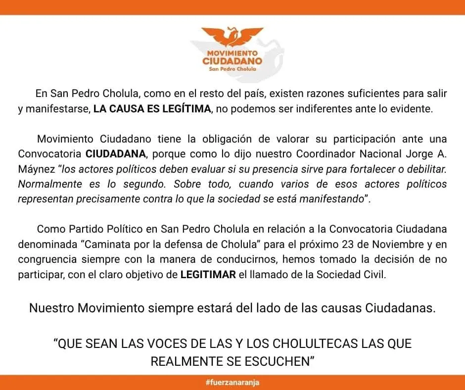 Movimiento Ciudadano de San Pedro Cholula decide no participar en la “Caminata por la Defensa de Cholula”