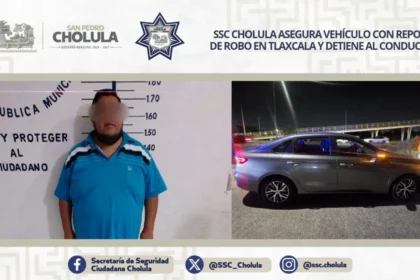 SSC Cholula asegura vehículo con reporte de robo en Tlaxcala y detiene al conductor