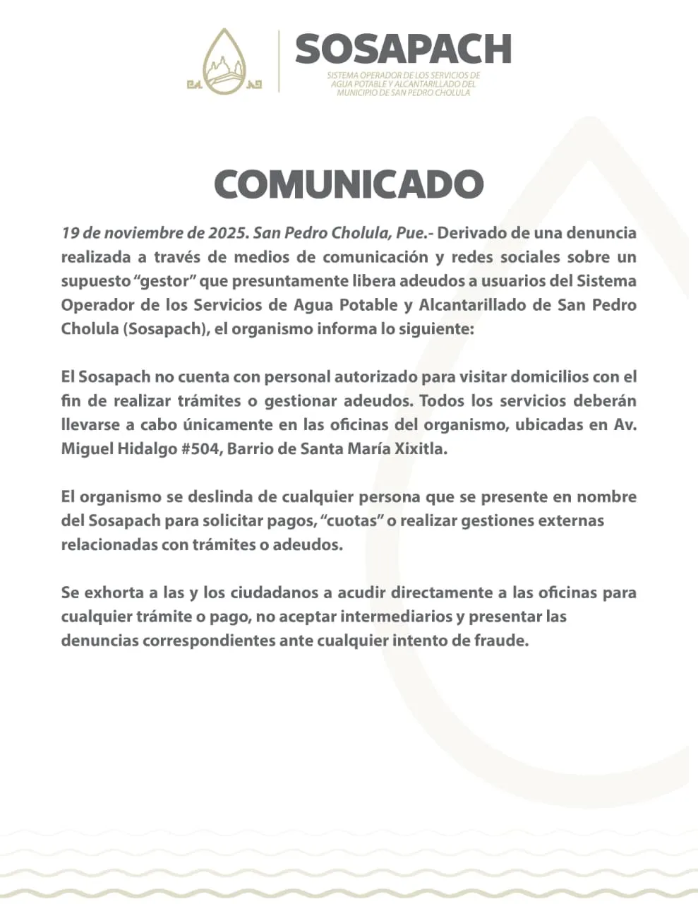 Sosapach aclara que no cuentan con gestores que realicen cobros en los domicilios