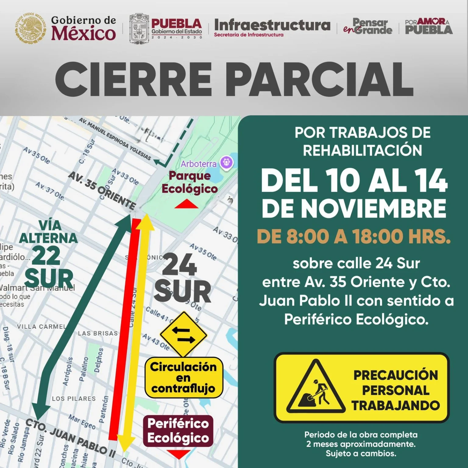 Cierres viales en la 24 Sur y Autopista México–Puebla por mantenimiento: conoce horarios y rutas alternas