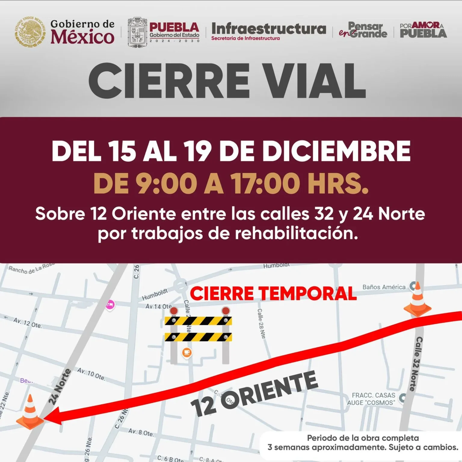 Atención automovilistas cierres temporales en vialidades clave de Puebla