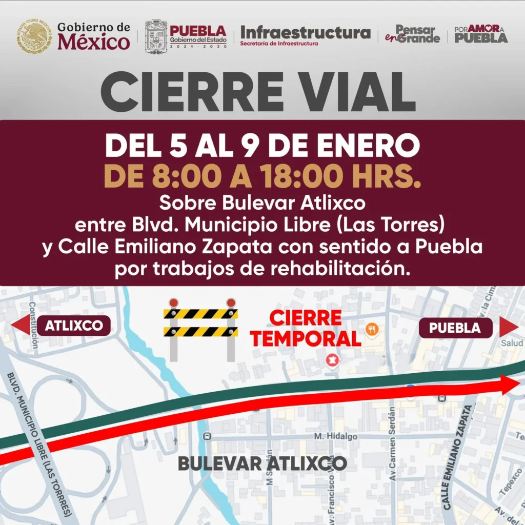 Anuncian cierre en la carretera Puebla–Atlixco por obras de rehabilitación