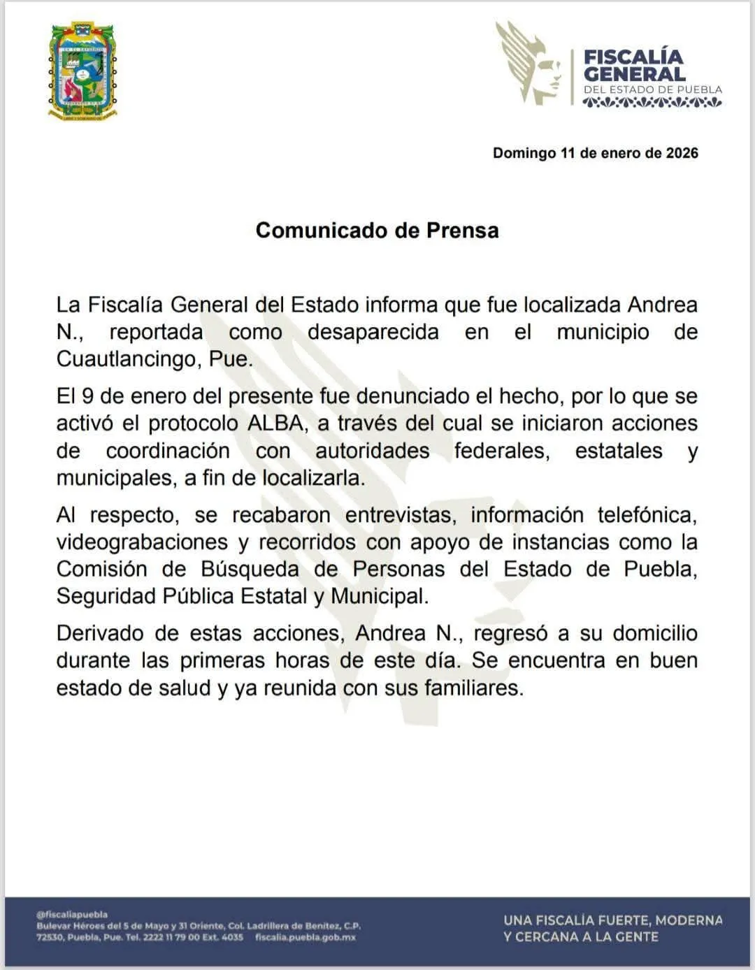 La FGE confirmó que Andrea Domínguez ya está con su familia