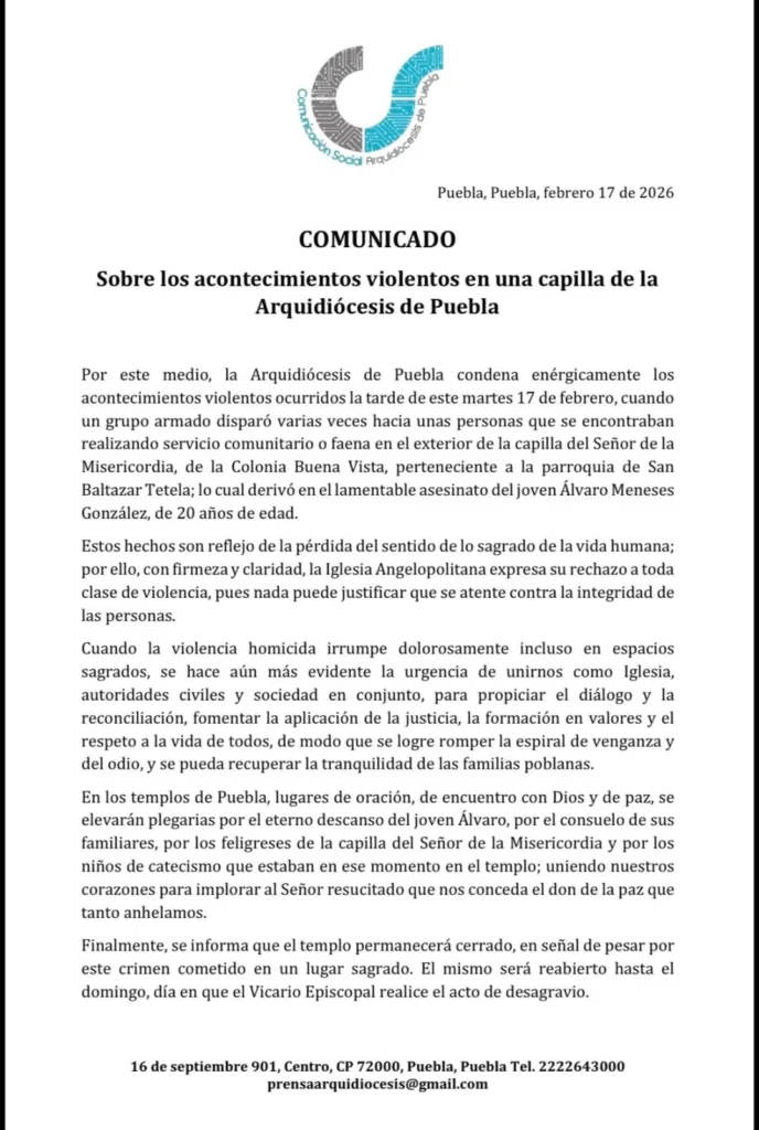 Arquidiócesis condena ataque armado