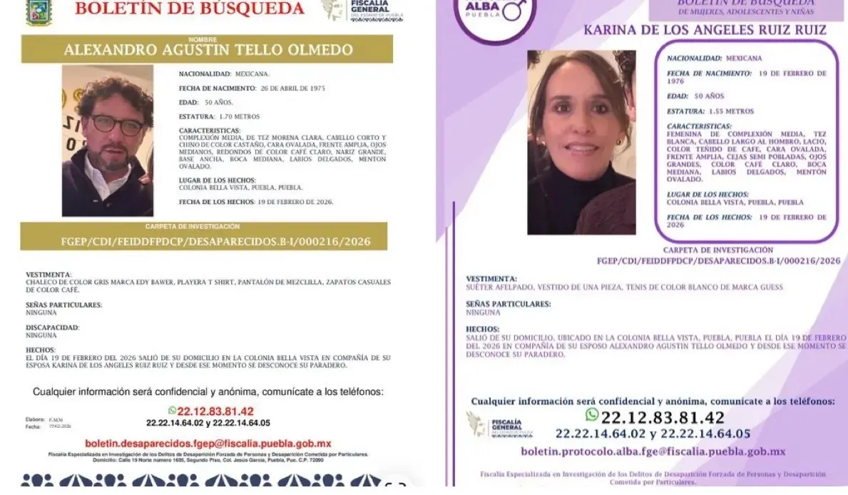 Desaparición de matrimonio en colonia Bella Vista activa búsqueda de la Fiscalía de Puebla
