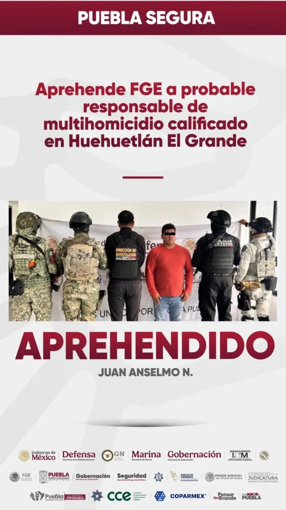 Cae presunto responsable de multihomicidio en Huehuetlán El Grande