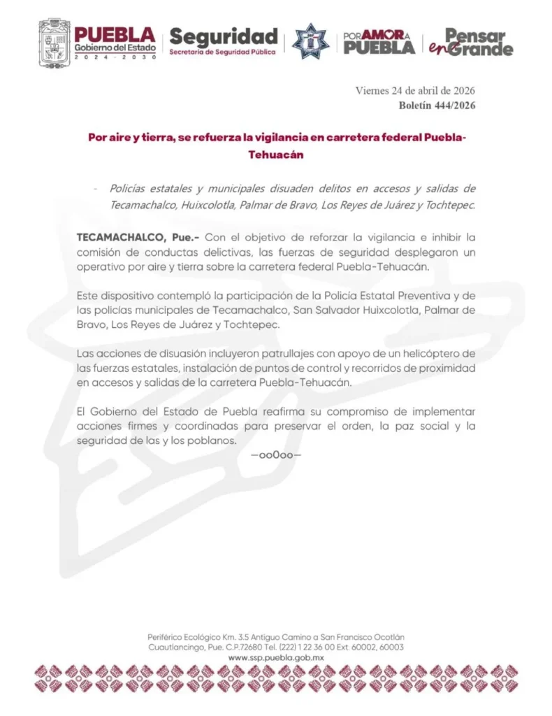 Despliegan operativo de seguridad coordinado en la carretera federal Puebla-Tehuacán