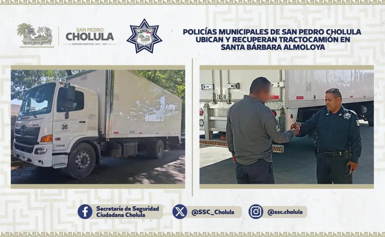 Policías Municipales de San Pedro Cholula ubican y recuperan tractocamión