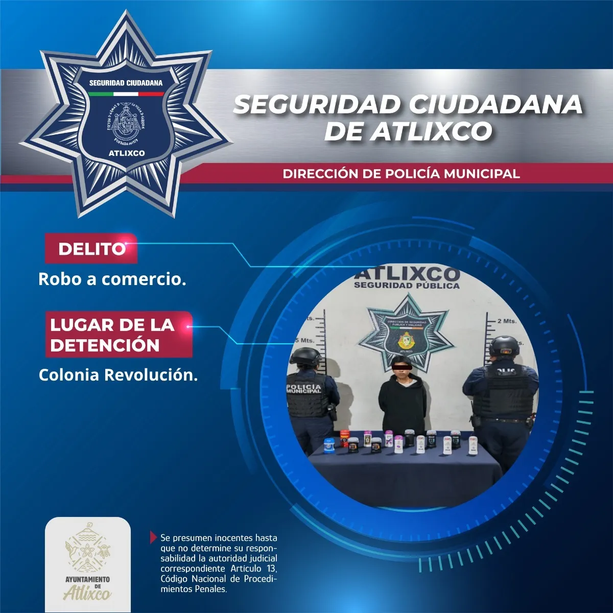 Detiene Policía Municipal de Atlixco a hombre por robo en comercio