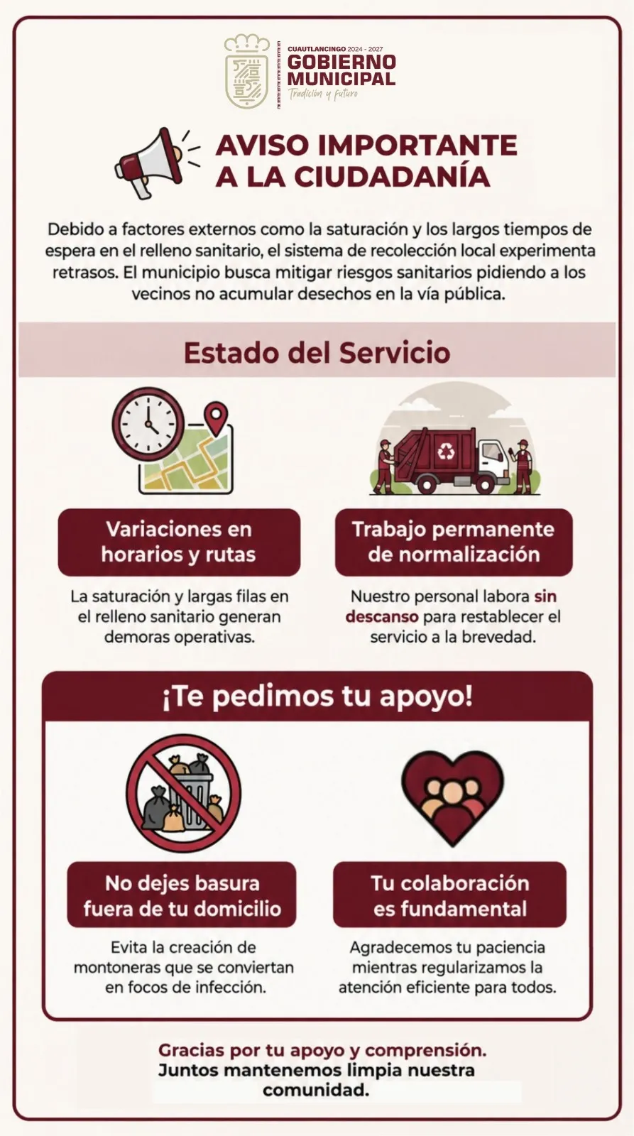 Gobierno Municipal de Cuautlancingo informa sobre el servicio de recolección de basura