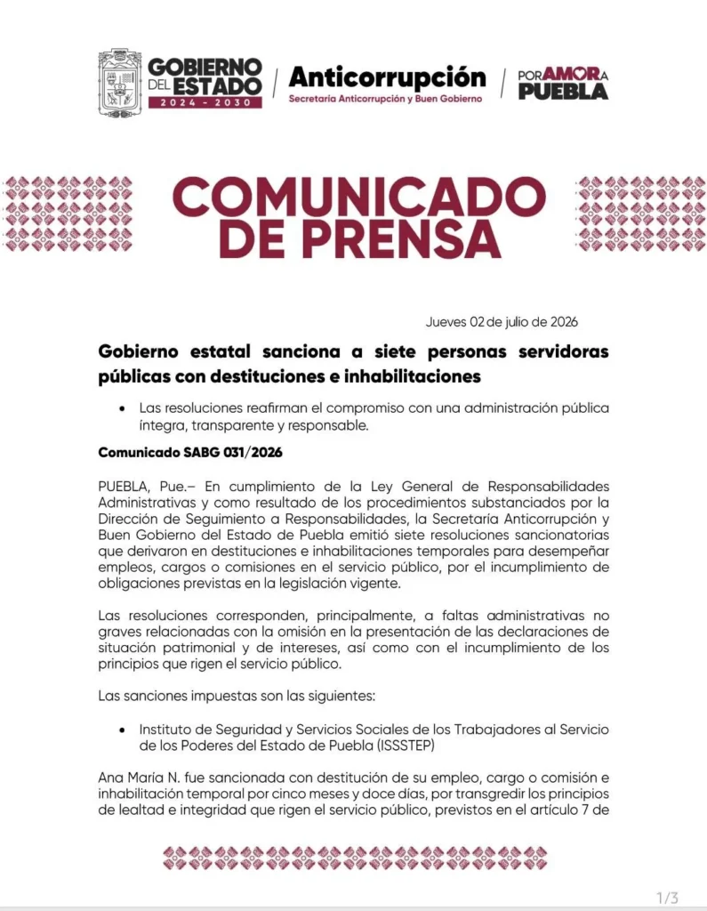 Gobierno de Puebla sanciona a siete servidores públicos por incumplimientos administrativos