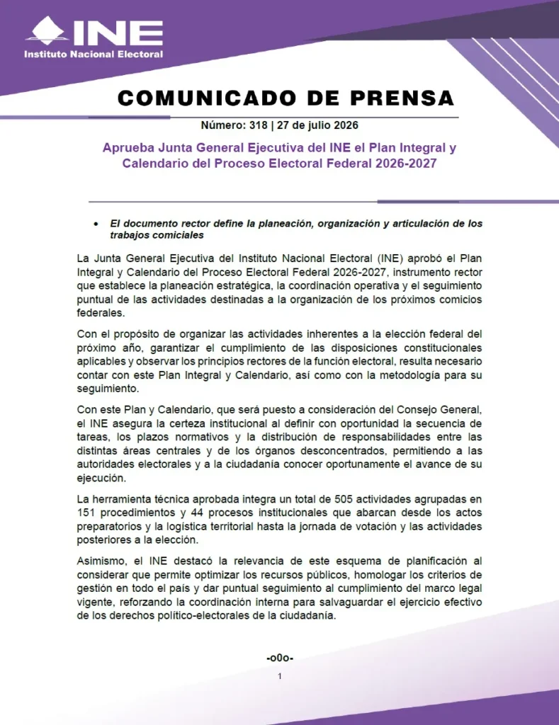 INE aprueba calendario del Proceso Electoral 2026-2027; Puebla tendrá fechas específicas para precampañas