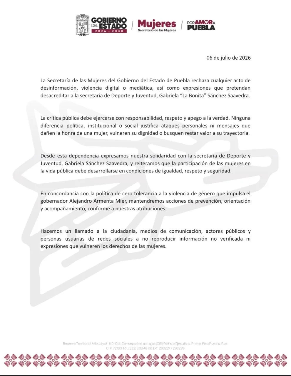 Posicionamiento Secretaría de las Mujeres