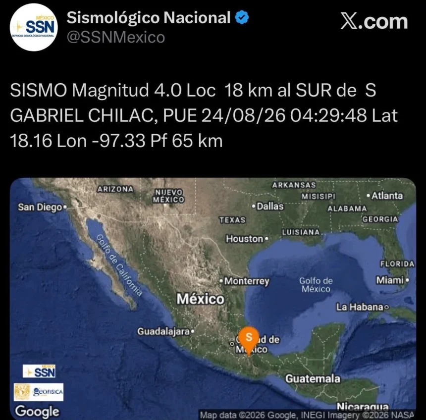 Sin afectaciones por sismo con epicentro en San Gabriel Chilac
